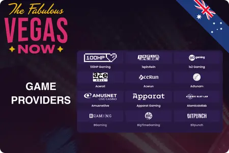 VegasNow Casino game providers list including 100HP Gaming, 1spin4win, BGaming and more