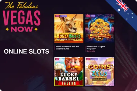 VegasNow online slots including Bonza Bucks Hold and Win and Bonsai Gold 2