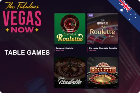 VegasNow table games including European Roulette and The Lucky Club Auto-Roulette