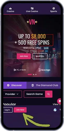 VegasNow casino homepage on mobile