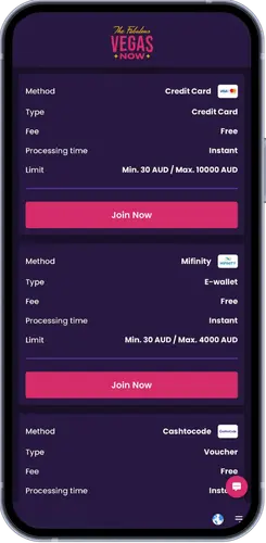 VegasNow deposit methods page